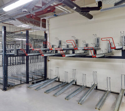 Gas Assisted Two Tier Rack installed in underground commercial building storage
