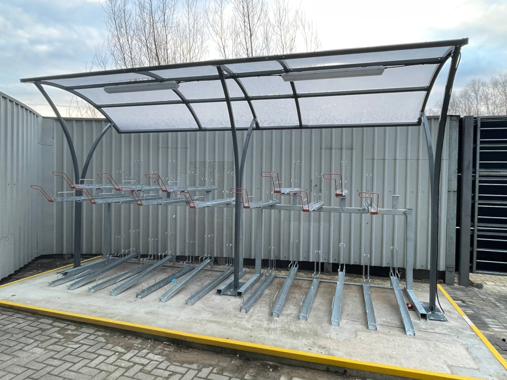 Open fronted cycle shelter with two tier racks