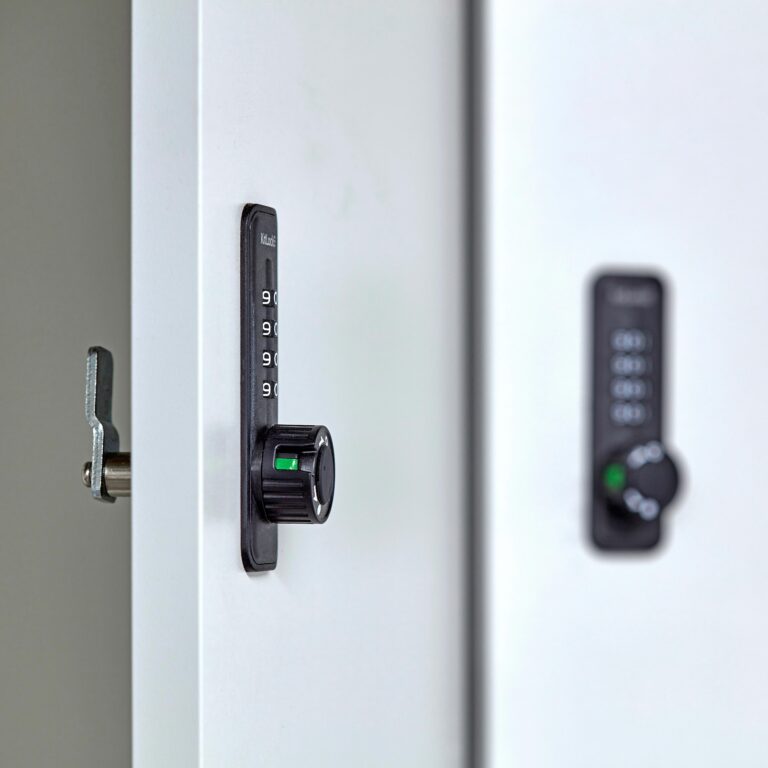 Close up of the Camden Locker Digi Code Lock on an open white laminate door